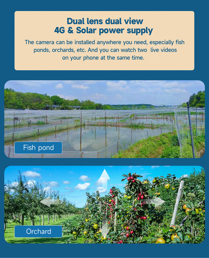 4G Solar Dual Lenses Security Camera, Wireless Outdoor, AI Human Detection, Dual View, 355° Pan 90° Tilt, PIR Motion Alert, IP65 Waterproof, Night Vision, App Remote, No WiFi Needed, Home Security System, Ai Security Camera System