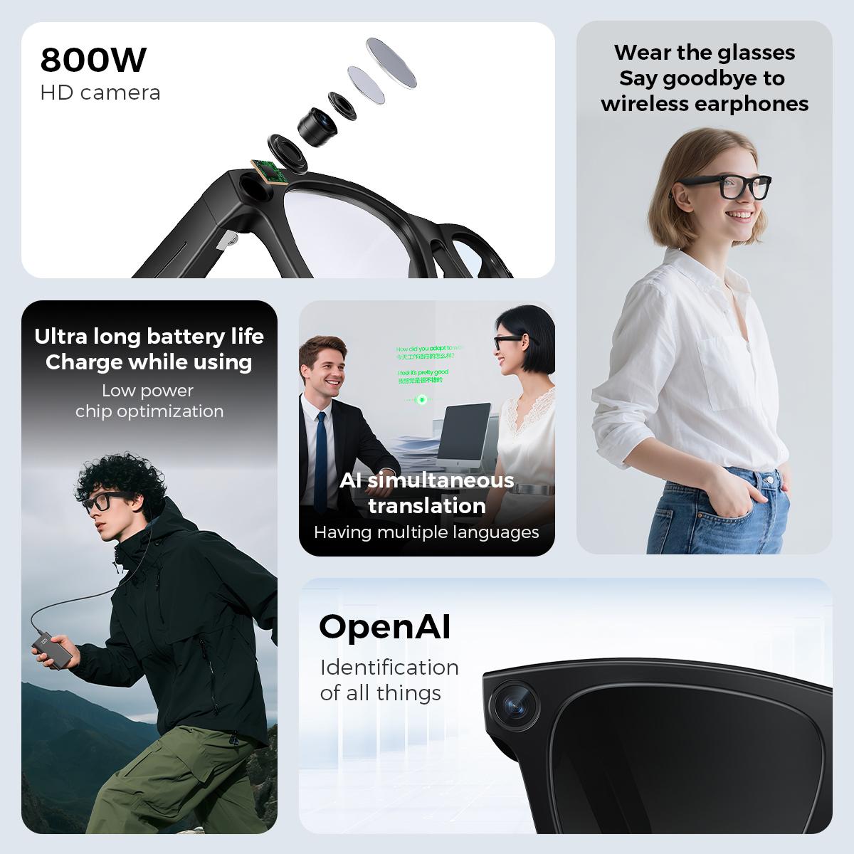 AI Smart Glasses with 800W Camera | OpenAI Recognition, 1080P Anti-Shake Video, Real-Time Translation & Long Battery Life